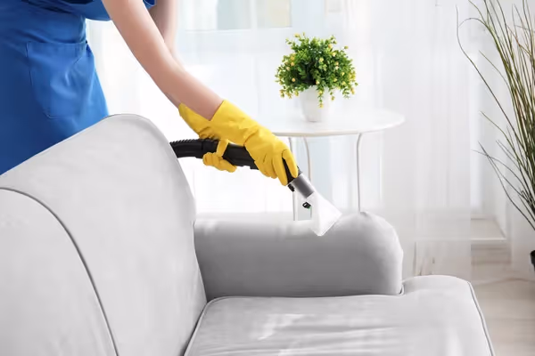 Professional upholstery cleaning setup for fabric sofa in West Bay Doha